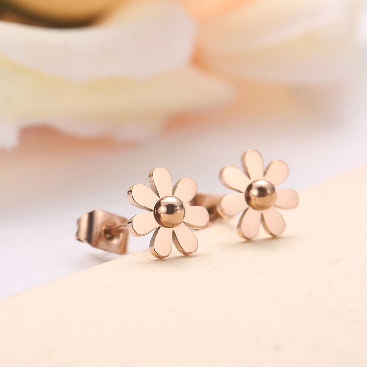 Korean Retro Design Titanium Steel Daisy Earring Jewelry Stainless Steel Rose Gold Plated Sunflower Stud Earrings for Women