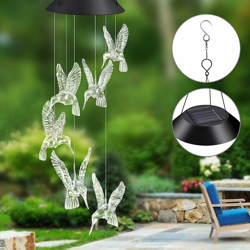 Hummingbird Automatic Colorful Flash Wooden Pendant Aluminum Tube Windbell Lamp Solar Wind Chimes Light Garden Ornaments