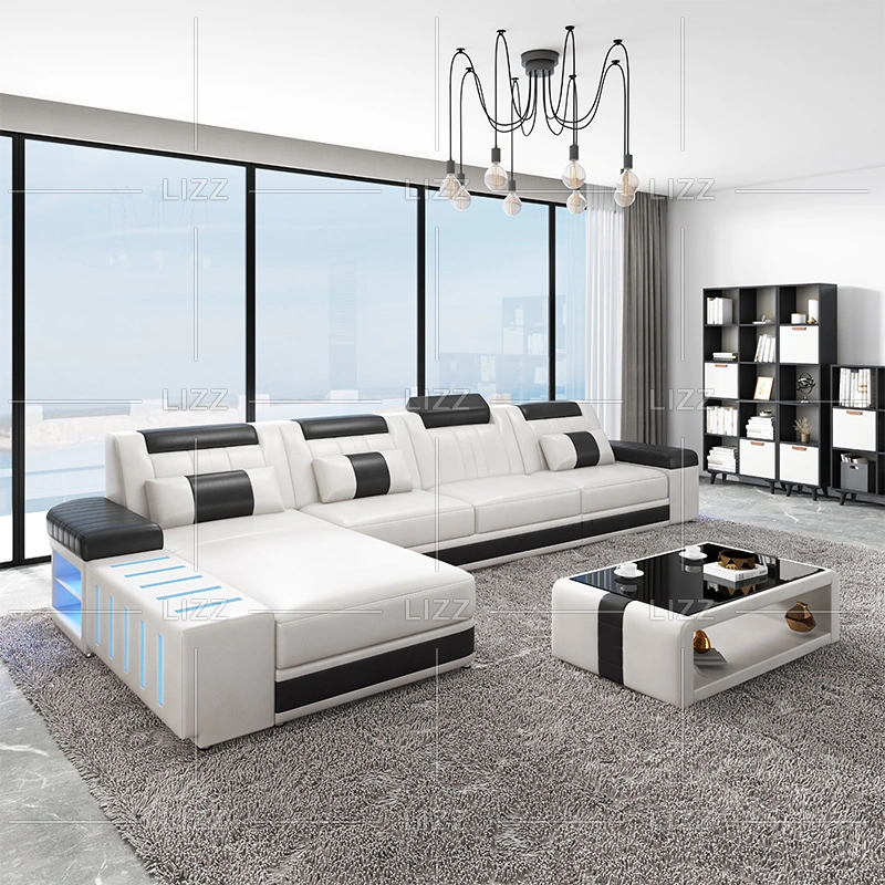 Ensemble de meubles de salon moderne en cuir véritable avec canapé d'angle et éclairage LED