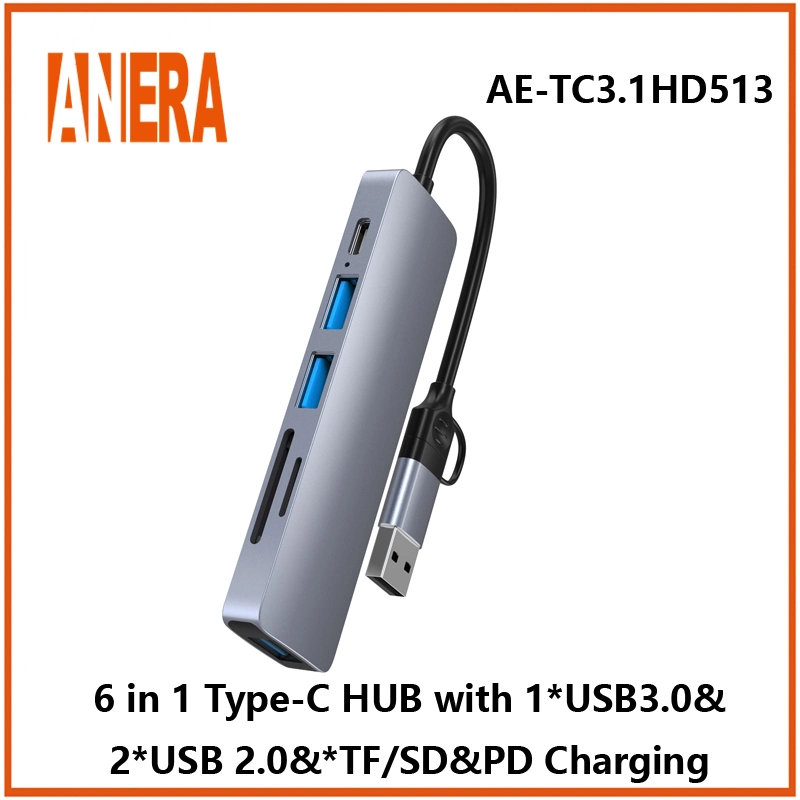 De alto rendimiento anera 6 en 1 USB multifunción C tipo portátil C HUB USB3.0/2.0 con el cubo SD / TF 2.0 Lector de tarjetas de carga Pd