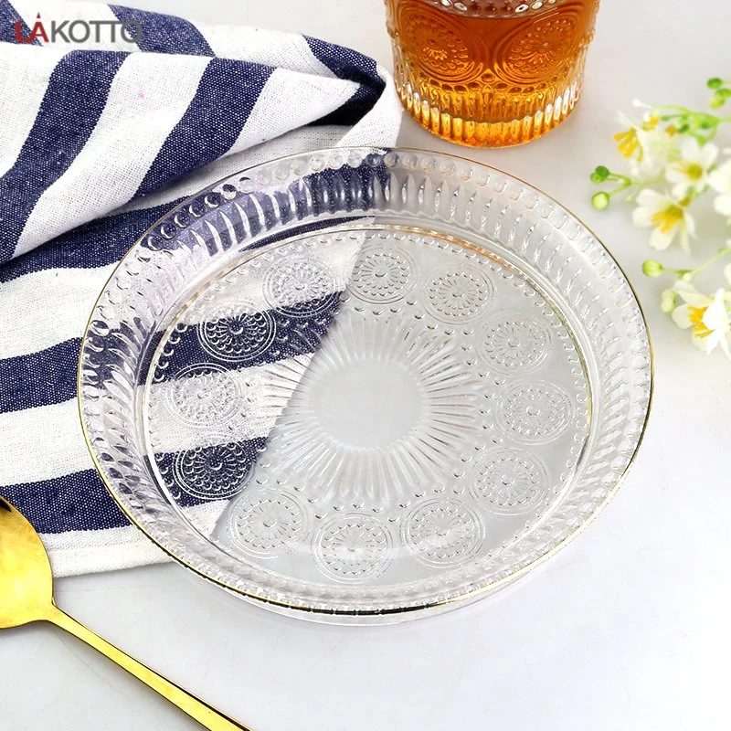 Mariage de la qualité lourde vaisselle en verre plat rond du chargeur de dîner avec la plaque gravée motif de tournesol et d'or Rim