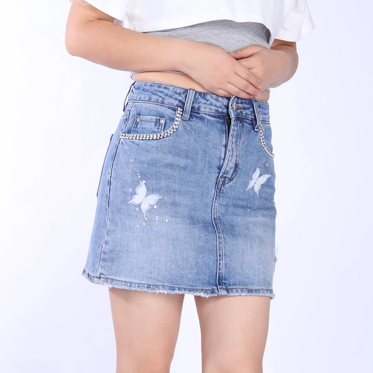 Custom Rhinestone Pocket Design Logo Printing Women Jean Short Skirts