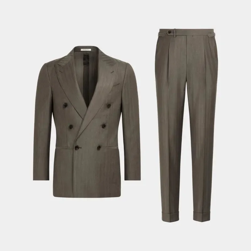 Taupe Wool and Silk Blended Men's Business Slim Double-Breasted Suit