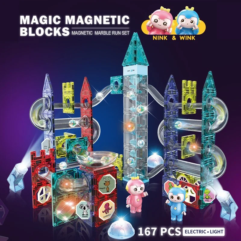 Amazon Hot Selling Diy Magic Magnet Bead Orbit Marble Run Blocos magnéticos brinquedos magnéticos brinquedos com luz E música