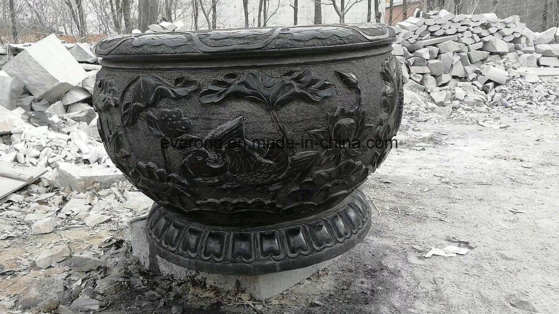 Natural Black Granite Planters, Marble Carving Vase, Stone Flower Pot for Garden Decoration