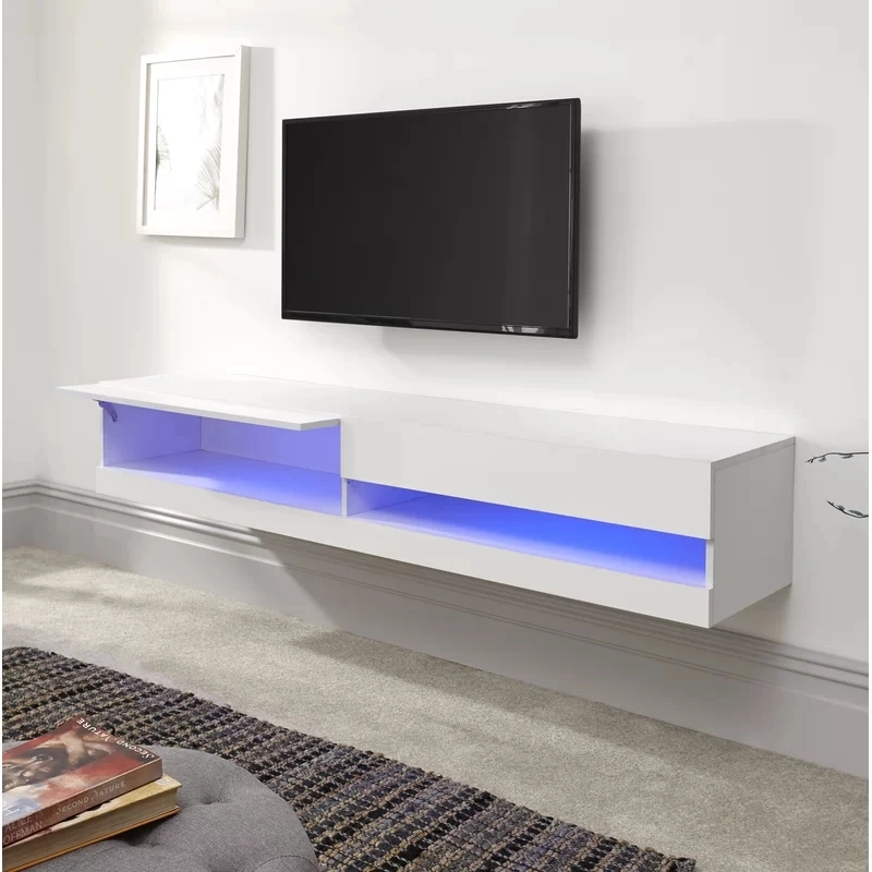 Moderno barato Blanco madera MDF estilo moderno soporte de TV con Luz LED azul