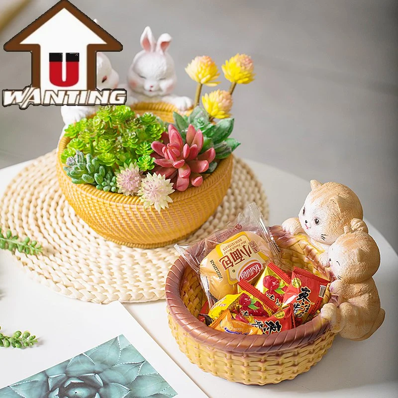 New Design Cat with Round Basket Storage Decor Hand Made Home Decoration