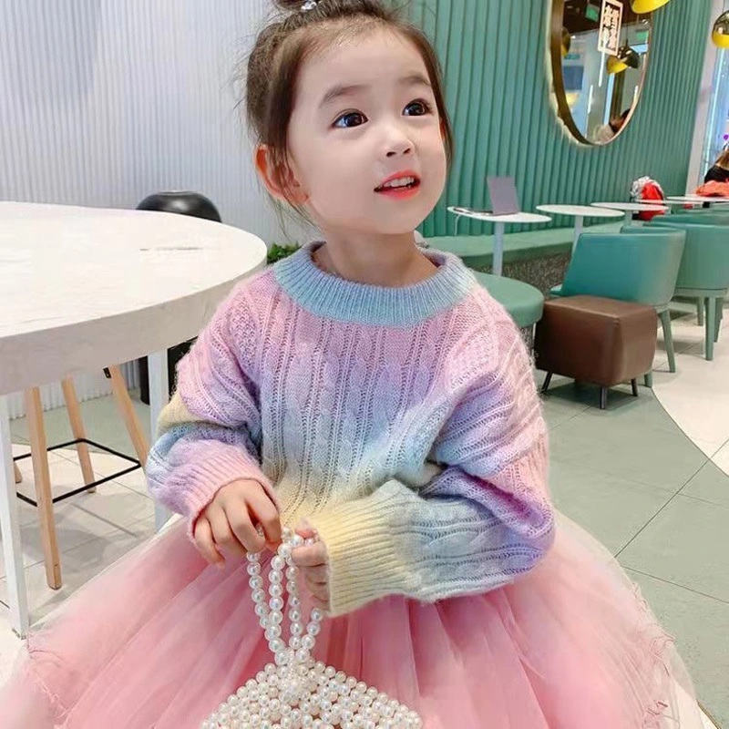 Autumn and Winter Children Gradient Rainbow Sweater Girls Pullover Sweater Top Coat