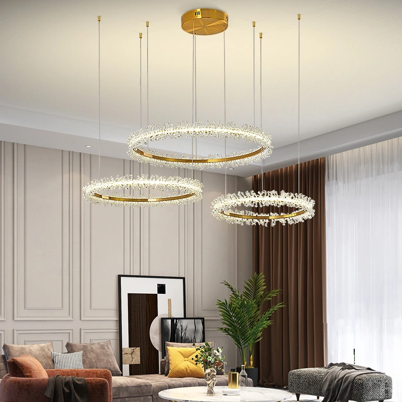 Iluminación moderna de cristal Chandelier para Living Room anillo de oro combinación Plafón LED