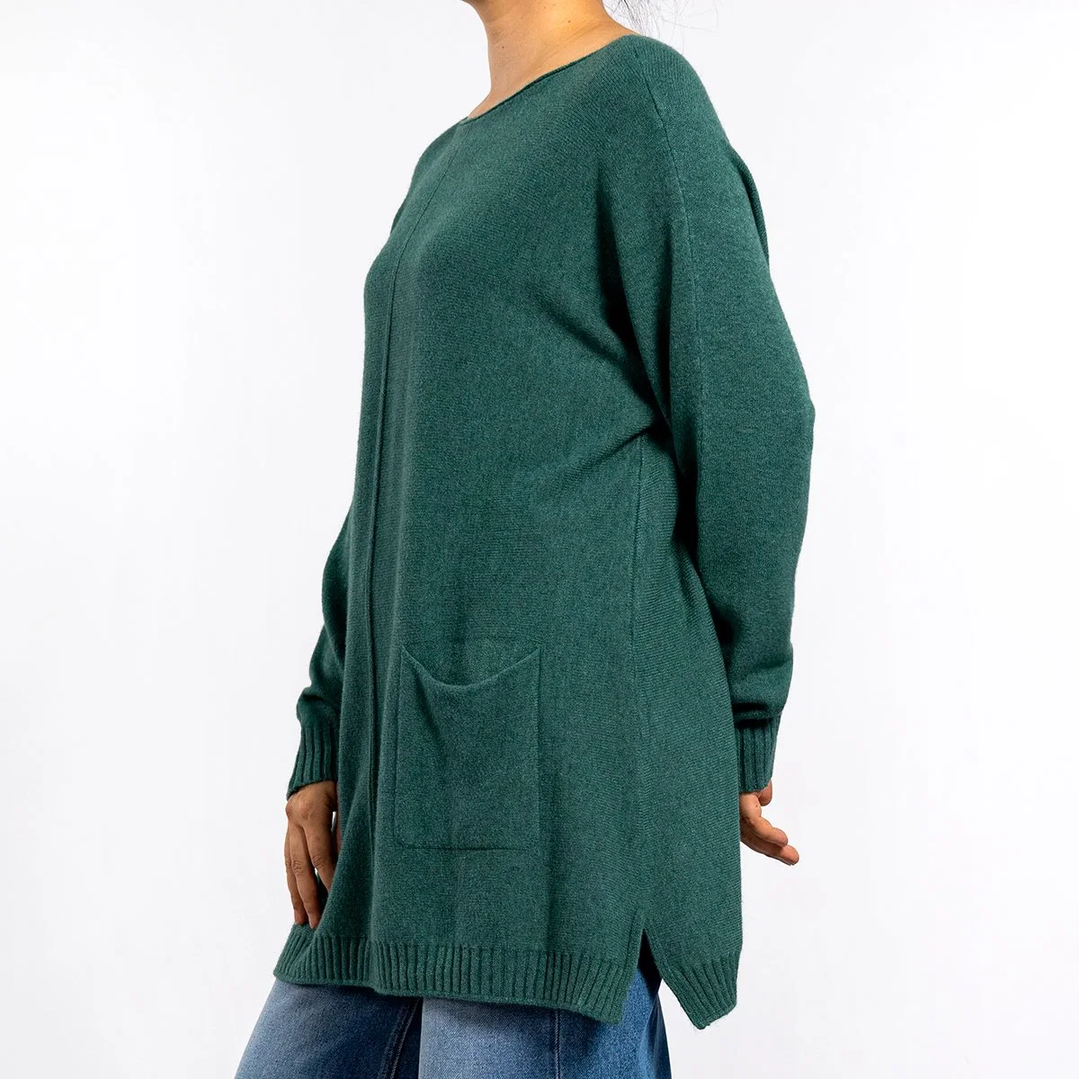 Autumn Knitting Round Collar Pocket Long Sleeve Pullover Green Long Sweaters for Women