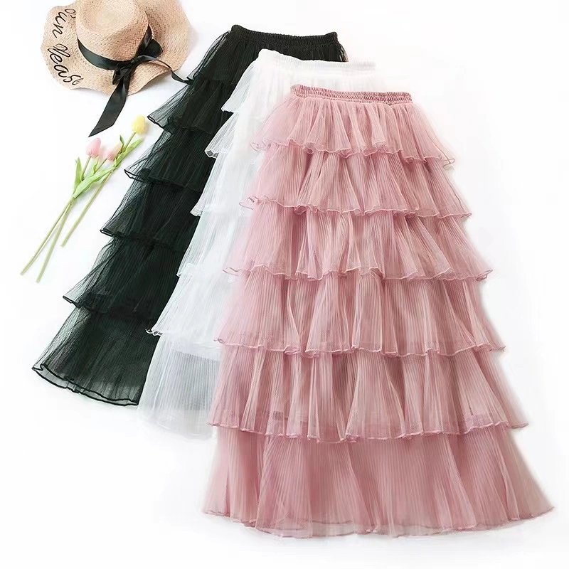 Summer Women Fashion Cake Layer Pleated Skirt High Waist Mesh Long Skirts for Women