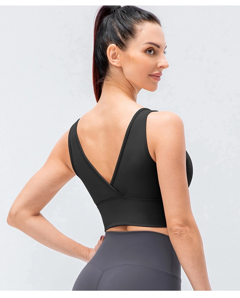 Caliente Sexy Deep Neck transpirable Removable almohadillas V espalda Deportes Top Vest Yoga Chicas Gimnasio Fitness Wear Sujetador Top personalizado Logo ropa Sujetador deportivo para mujer