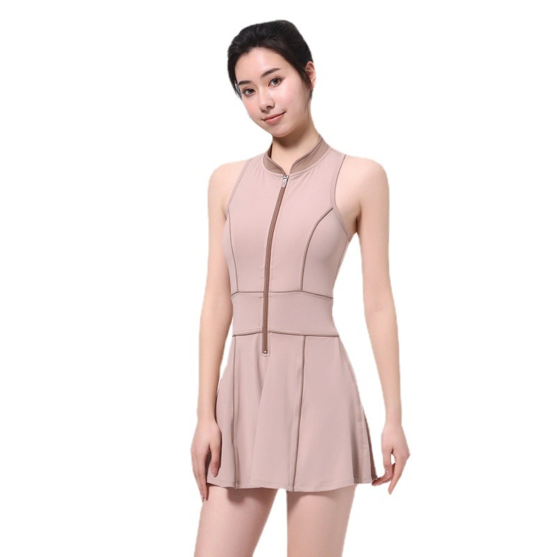 Summer New Products Hit Color Nude Sports Tennis Fitness Dress Zipper Sexy Slim Sleeveless Tennis Clothes