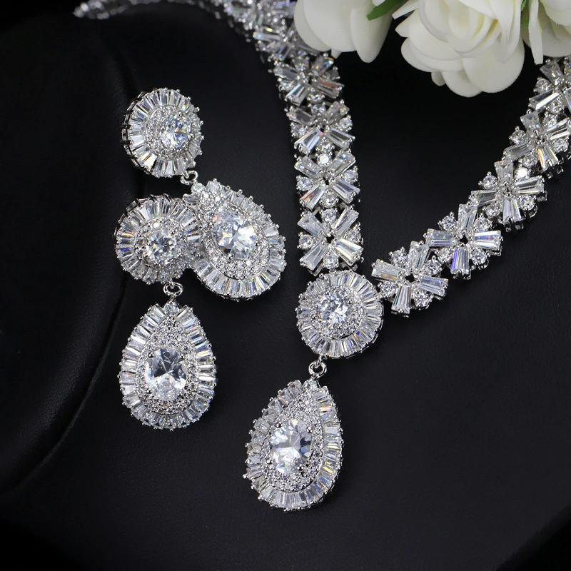 Classic Luxury Bridal Dinner Set Handmade Copper Set AAA Zircon Necklace Wedding Jewelry Set