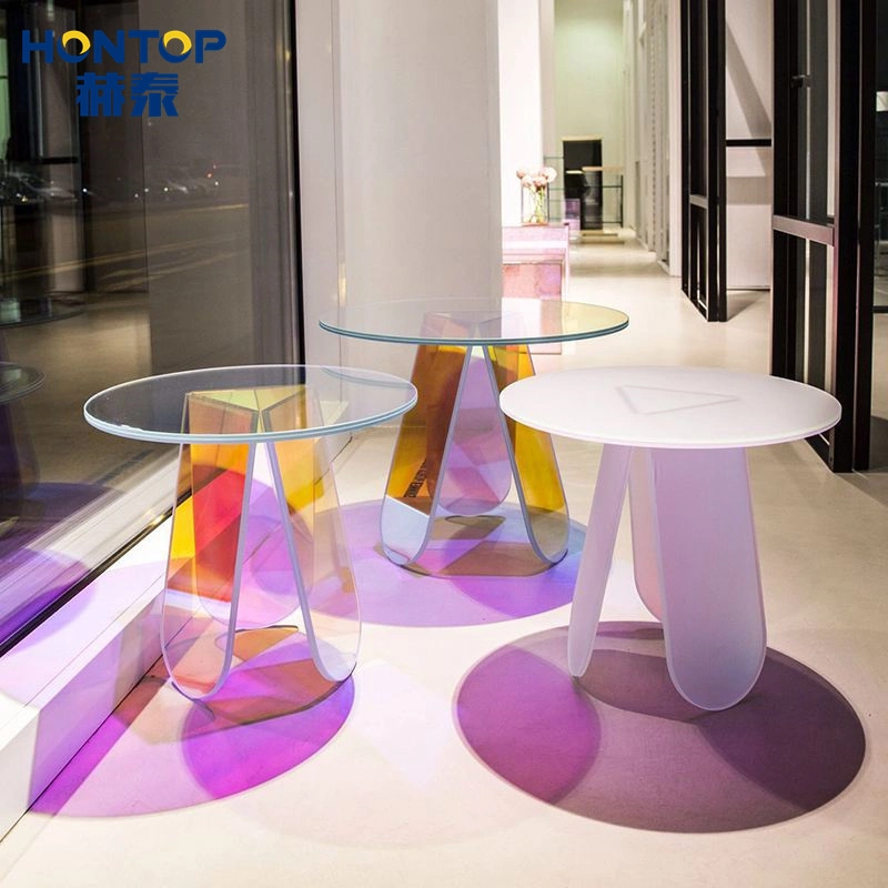 Promoción Irdesco Belleza Colorful Living Room Furniture Plexiglass PMMA Modern Popular Mesa de té de lado de sofá redonda acrílico transparente