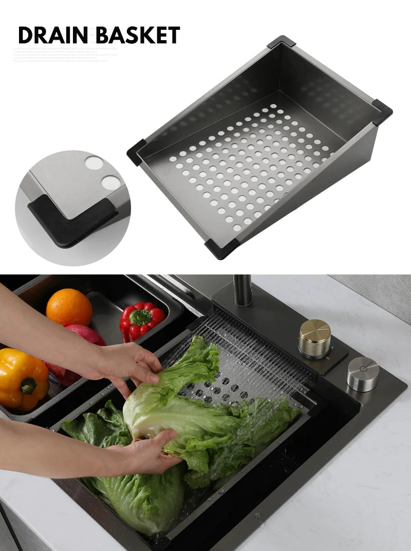 Weltweit TikTok Hot Sale Model Design SUS 304 Edelstahl Spülbecken &amp; Wasserfall Wasserhahn und Glasflasche Waschmaschine Metall grau Finish Spülbecken In Der Küche