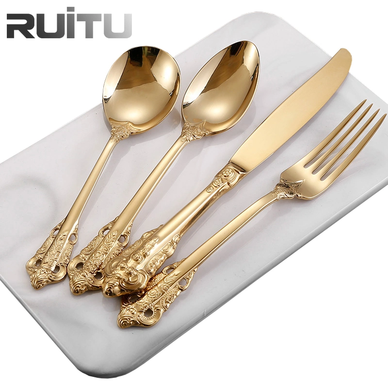 Catering Party Colored Flatware Elegant Cutipol PLA Knife Fork Spoon Set Restaurant Stainless Steel Biodegradable Cutlery Set Gold Plated and Black Cutlery