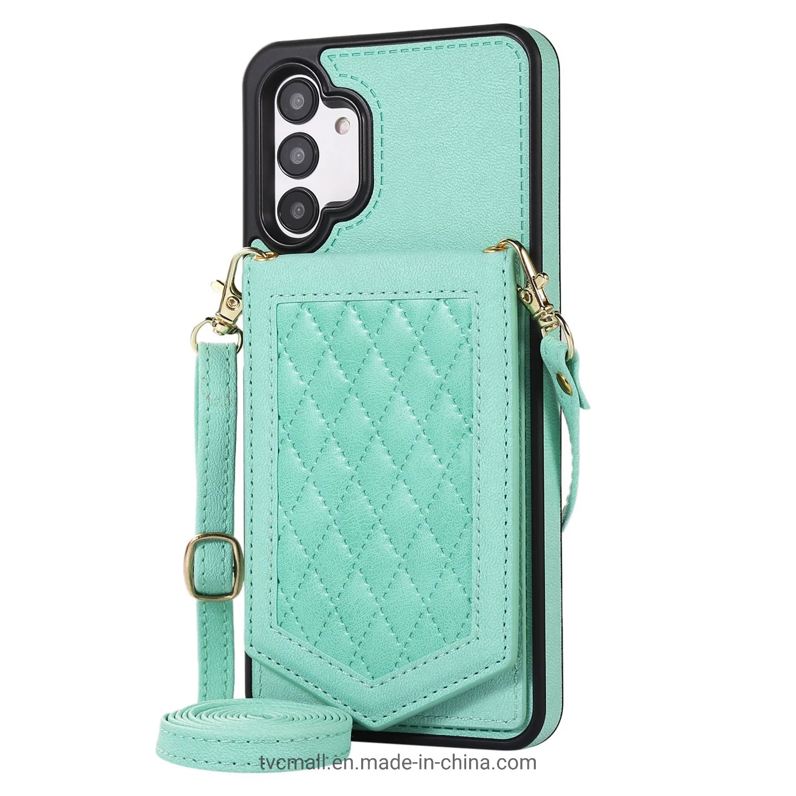 for Samsung Galaxy A13 4G / 5g, Makeup Mirror RFID Blocking PU Leather + TPU Kickstand Card Holder Phone Case with Shoulder Strap - Mint Green