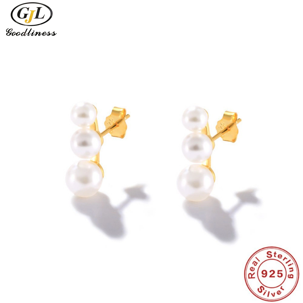 S925 Pure Single Row Three Pearl Earrings Fashion Jewelry