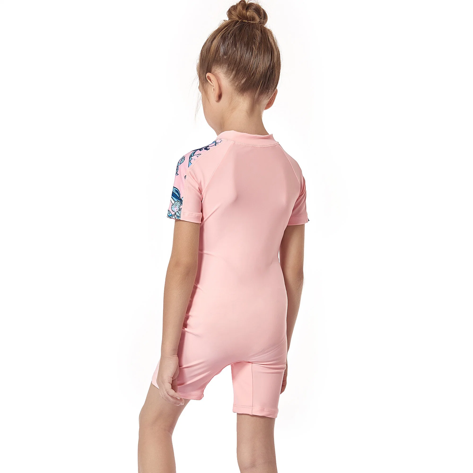 2023 New Girls' Swimwear Zipper Short-Sleeved One-Piece Swimsuit Three Needles Five Lines Children's Pants Beachwear