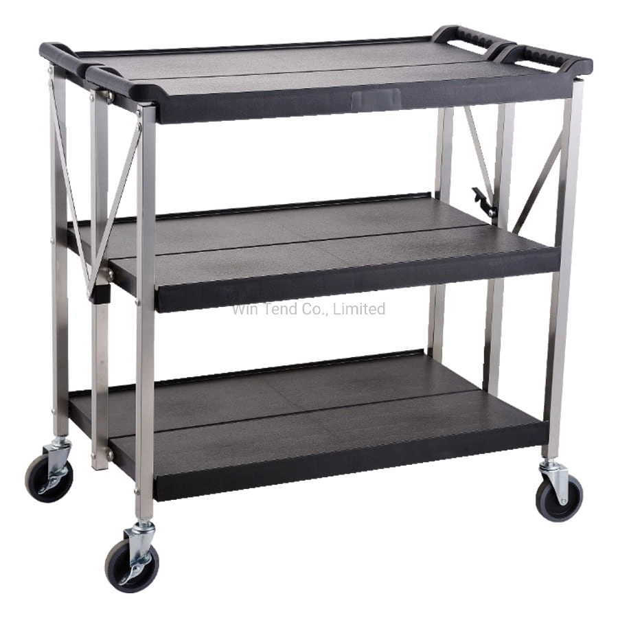 Foldable Plastic 3-Tier Storage Pushing Trolley Cart