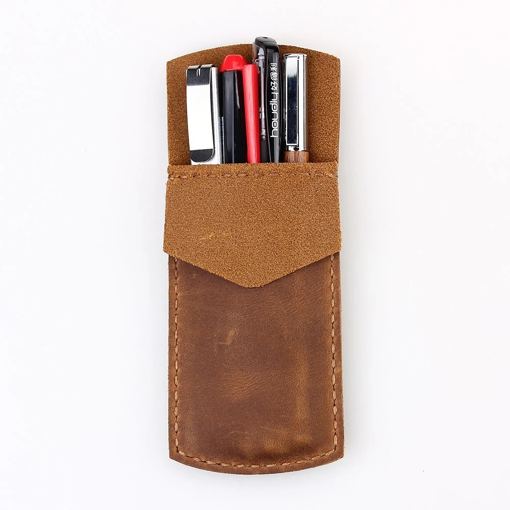School Stationery Handmade Pocket Genuine Leather Pouch for Pen Pencil Office Supply