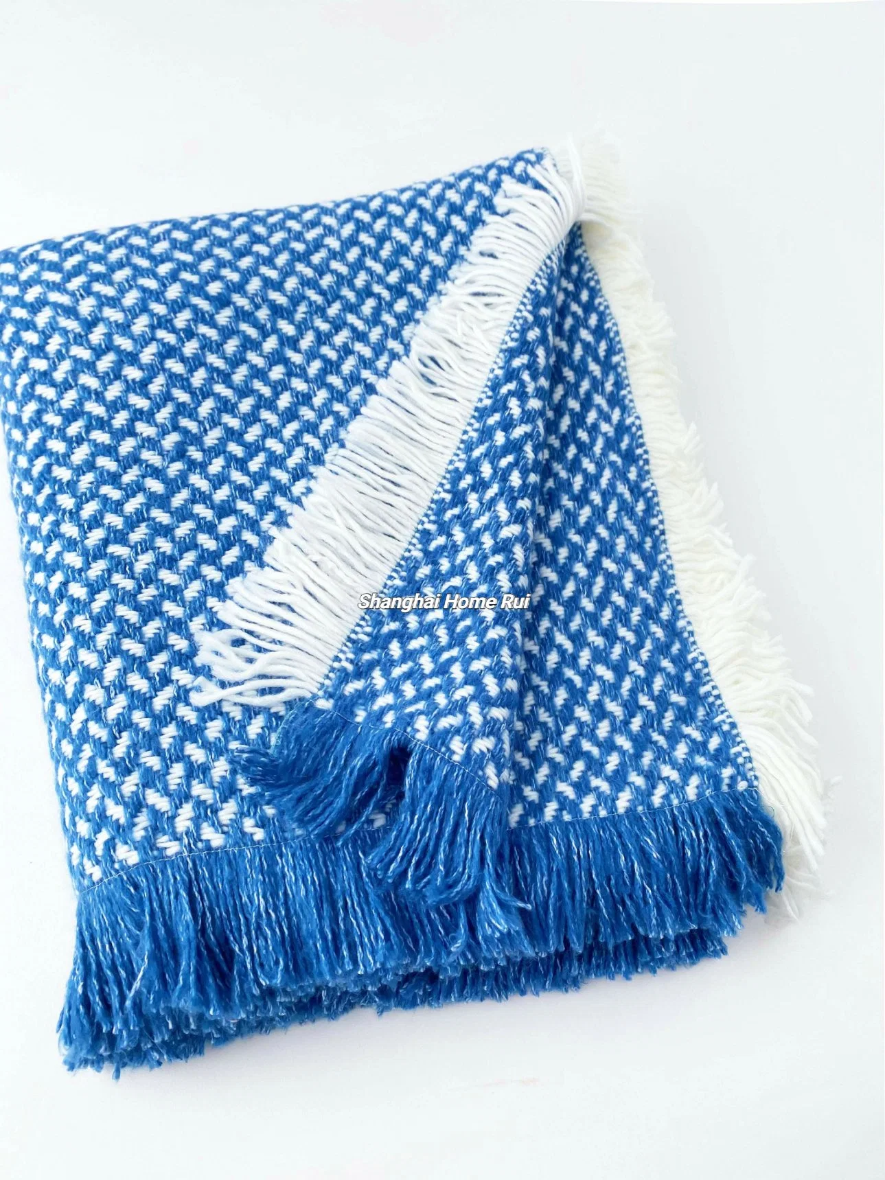 Home Outdoor Travel Bed Sofa Car Soft Warm Blue White Woven Self-Fringe Tassel Jacquard Geometric Throw Blanket Cover