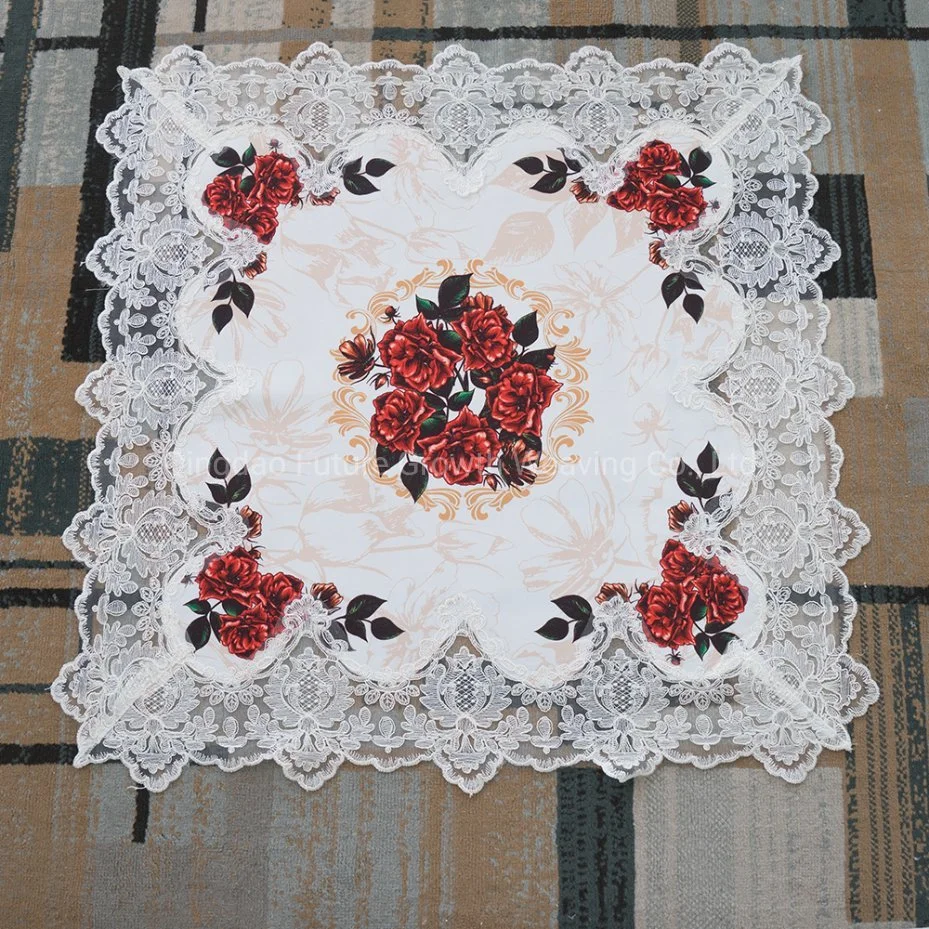 White Backing Fabric with Red Rose Pattern Tablecloth with White Lace