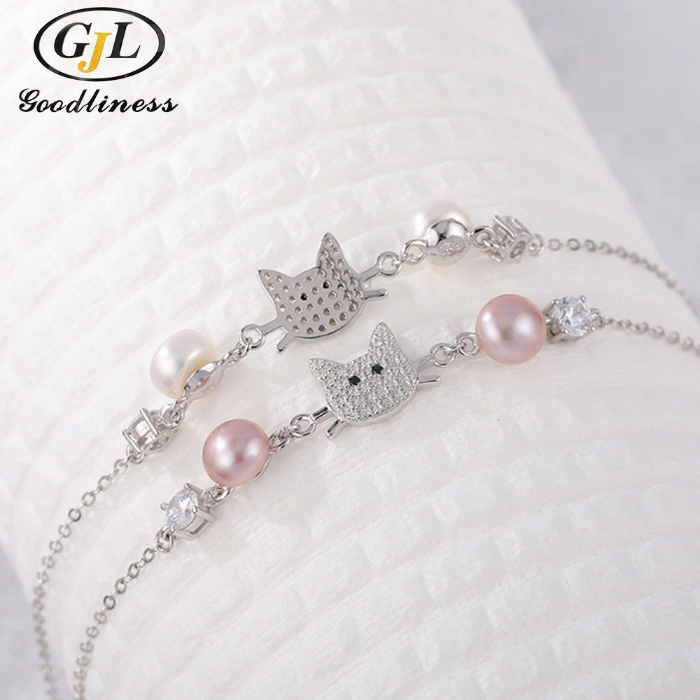 Kpop Style Freshwater Pearl Cat Bracelet for Girls Silver 925