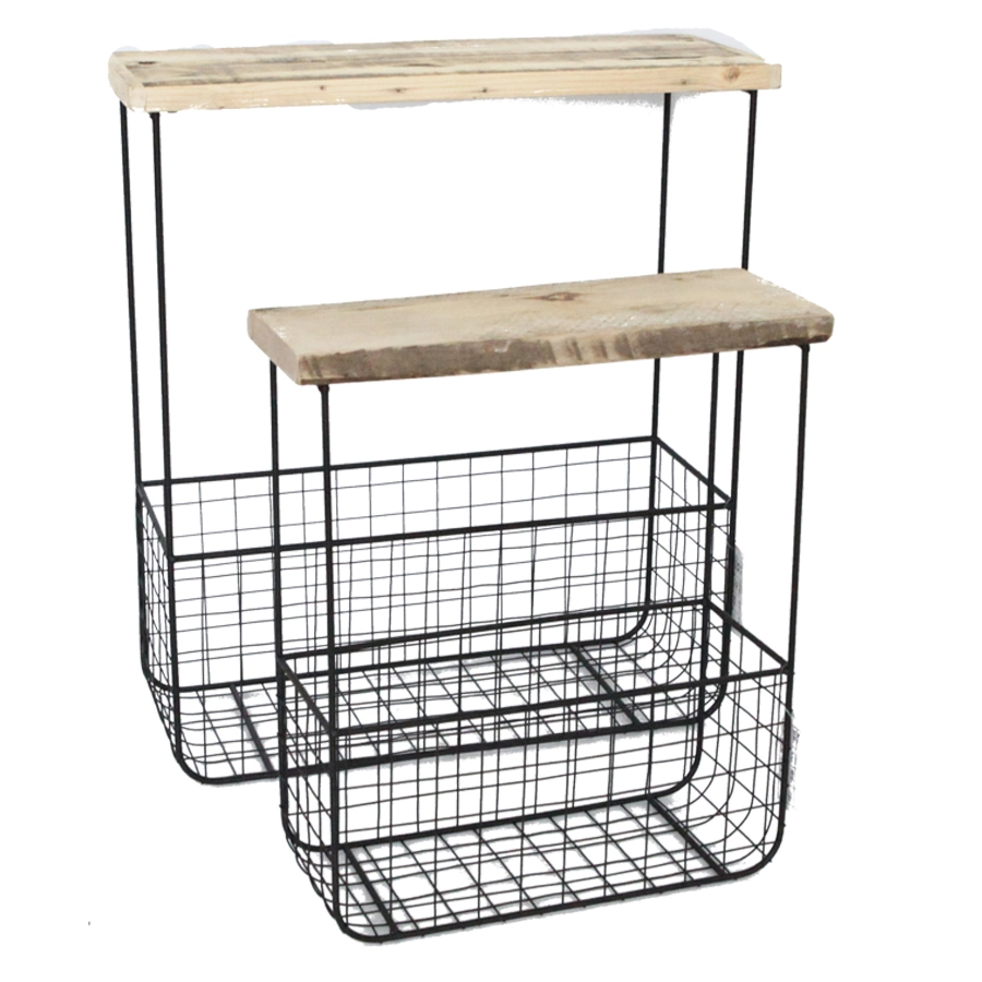 Set of 2 Metal Wire Storage Basket with Recycled Wood Top