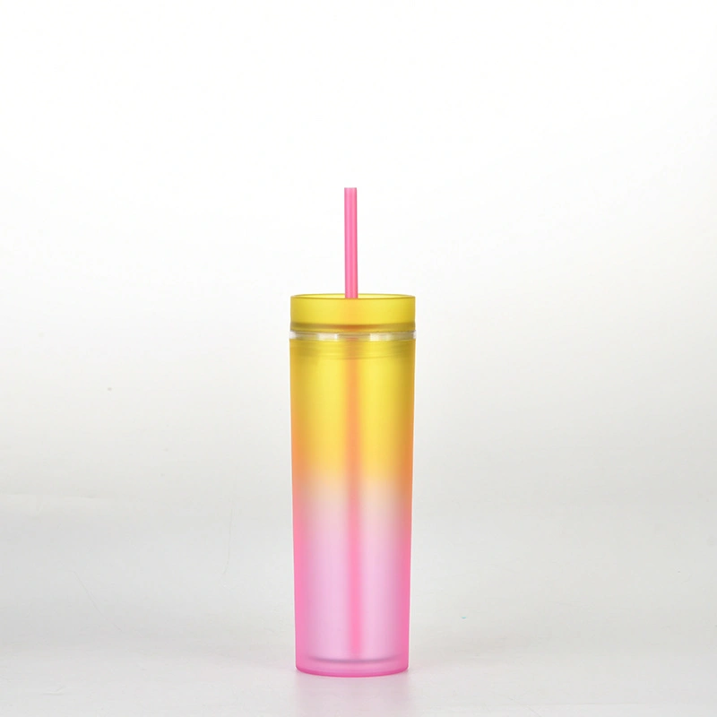 Amazon Hot BPA Free Plastic Gradient Skinny Tumblers Cups 16oz Double Wall Colorful Portable Acrylic Tumbler Mugs with Straw