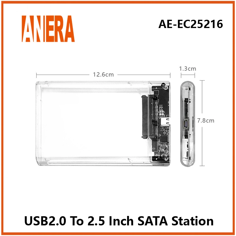 Anera transparente de alta velocidad USB 2.0 para caja de disco duro SATA de 2.5 pulgadas SATA HDD SSD Disco del ordenador