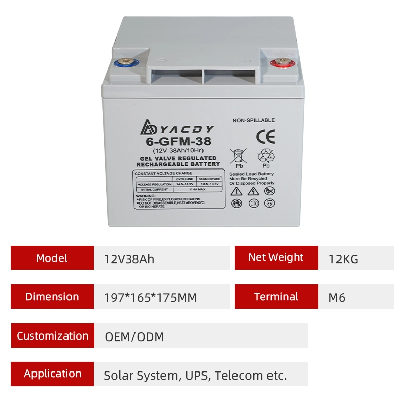 Batterie de stockage d'onduleur solaire à gel AGM rechargeable à cycle profond 12V38ah