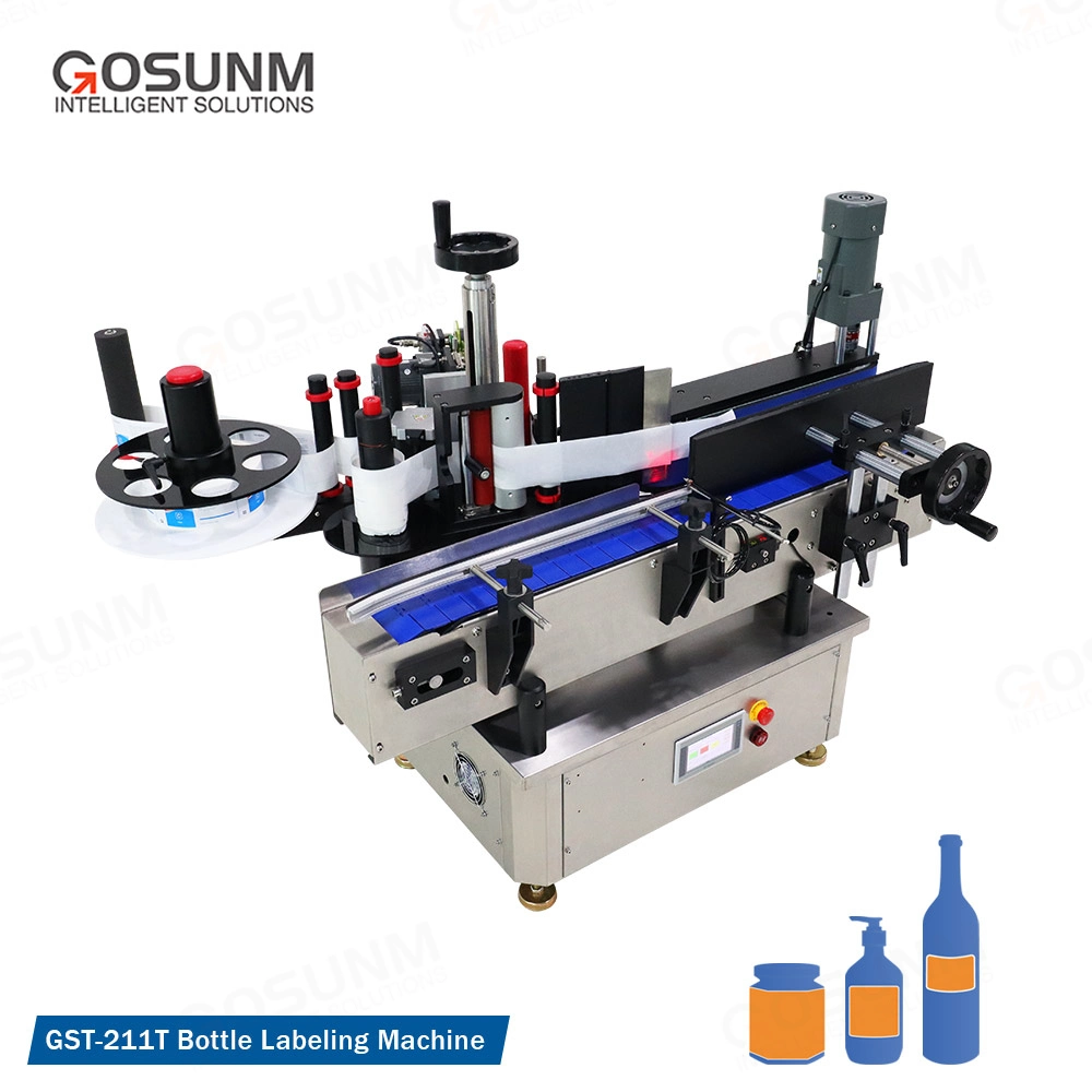 Gosunm Machine d'étiquetage de bouteilles rondes pour bouteilles de vin, canettes de bière, pots, seaux, tasses, conteneurs, machine d'étiquetage automatique de bouteilles à coller les autocollants de table de bureau.