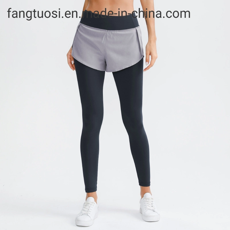 Stretch Double Layer Faked Two Piece Quick Dry Fitness Sports Wear Yoga Pants with Short Skirt Invisible Pocket