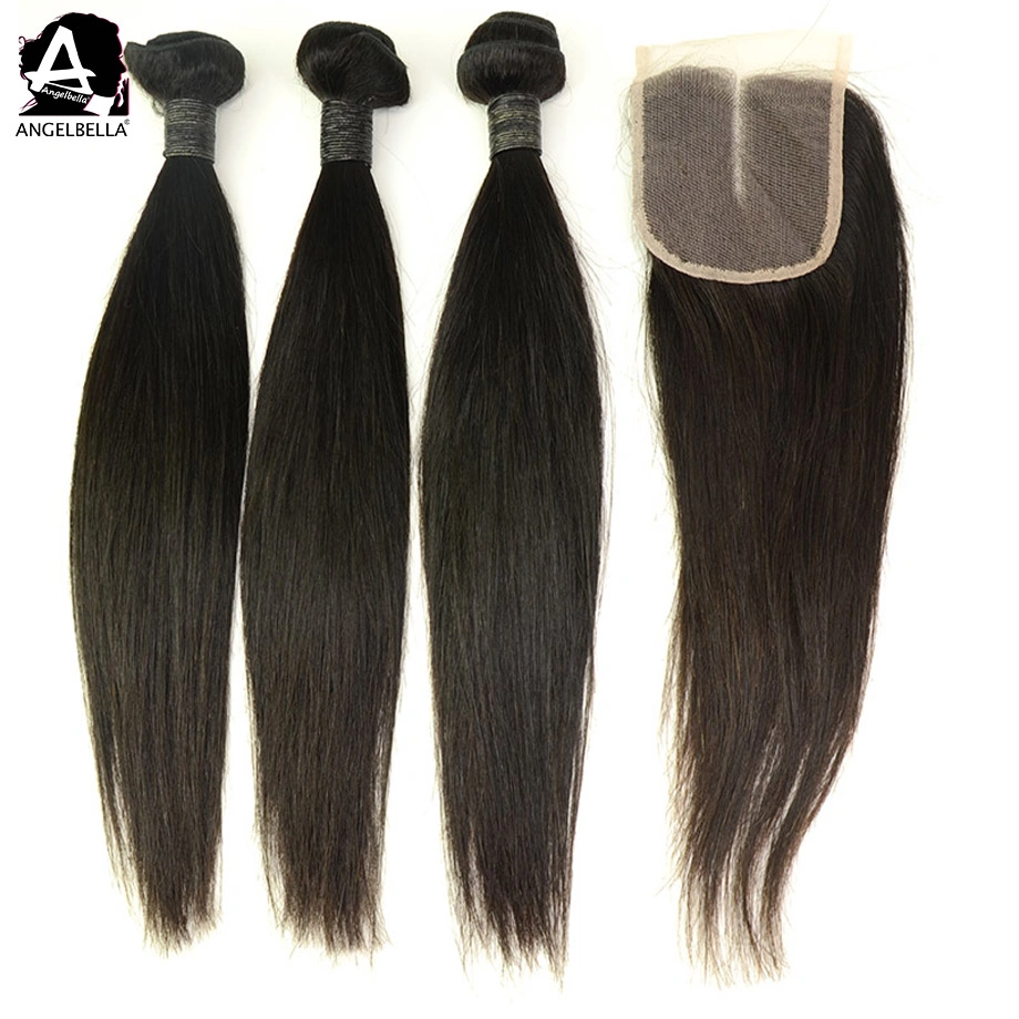 Angelbella Free Parting Bleached Knots Grade 5A Brazilian Closure Piece Straight Hair 4*4 Lace Closure Glue