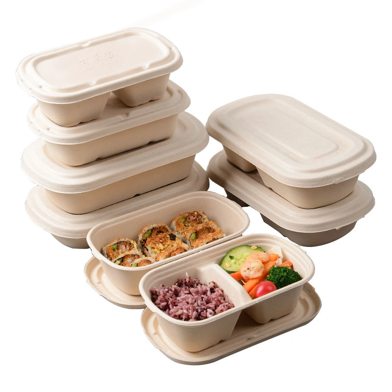 100% Contenants en papier biodégradables et compostables en bagasse pour emballage alimentaire à emporter. Vaisselle de table.