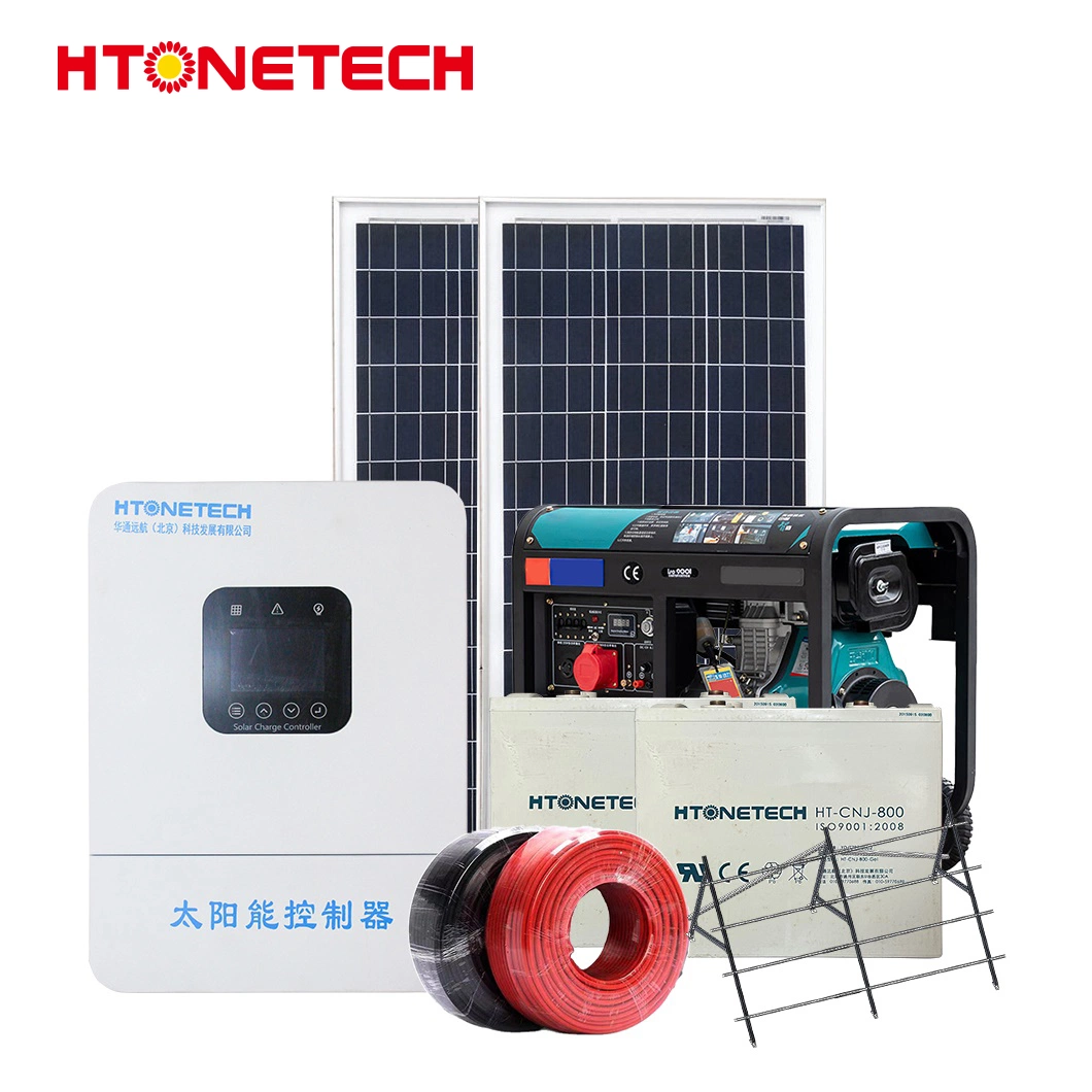 Htonetech système solaire éolien hors réseau Kit complet Chine 5kWh 10kWh 15kWh 59kWh Panneau solaire mono noir 150W Générateur diesel 110kW Système d'énergie solaire 1MW.