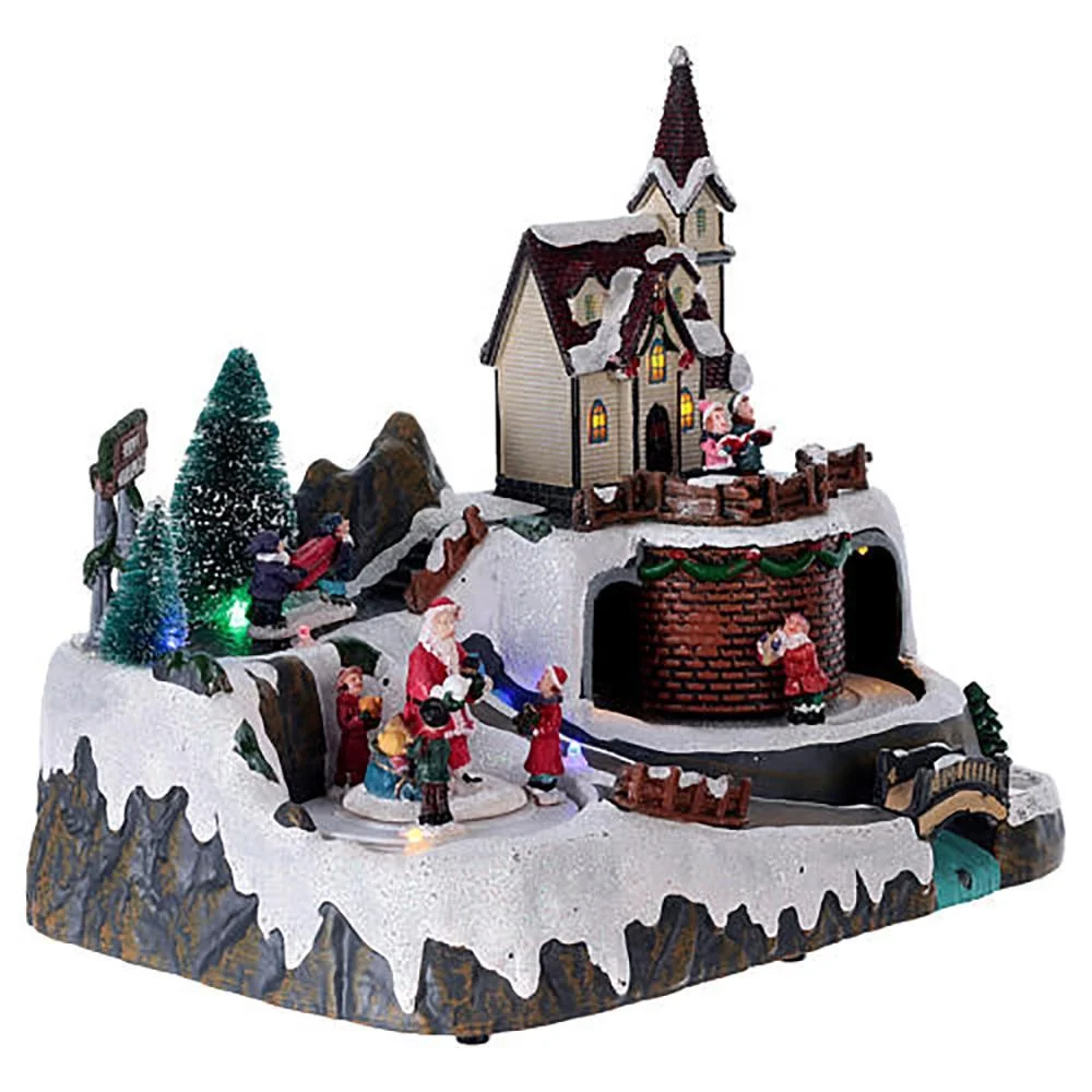 Resin Musical Christmas Village Houses with Santa and Snow Scene Ornament