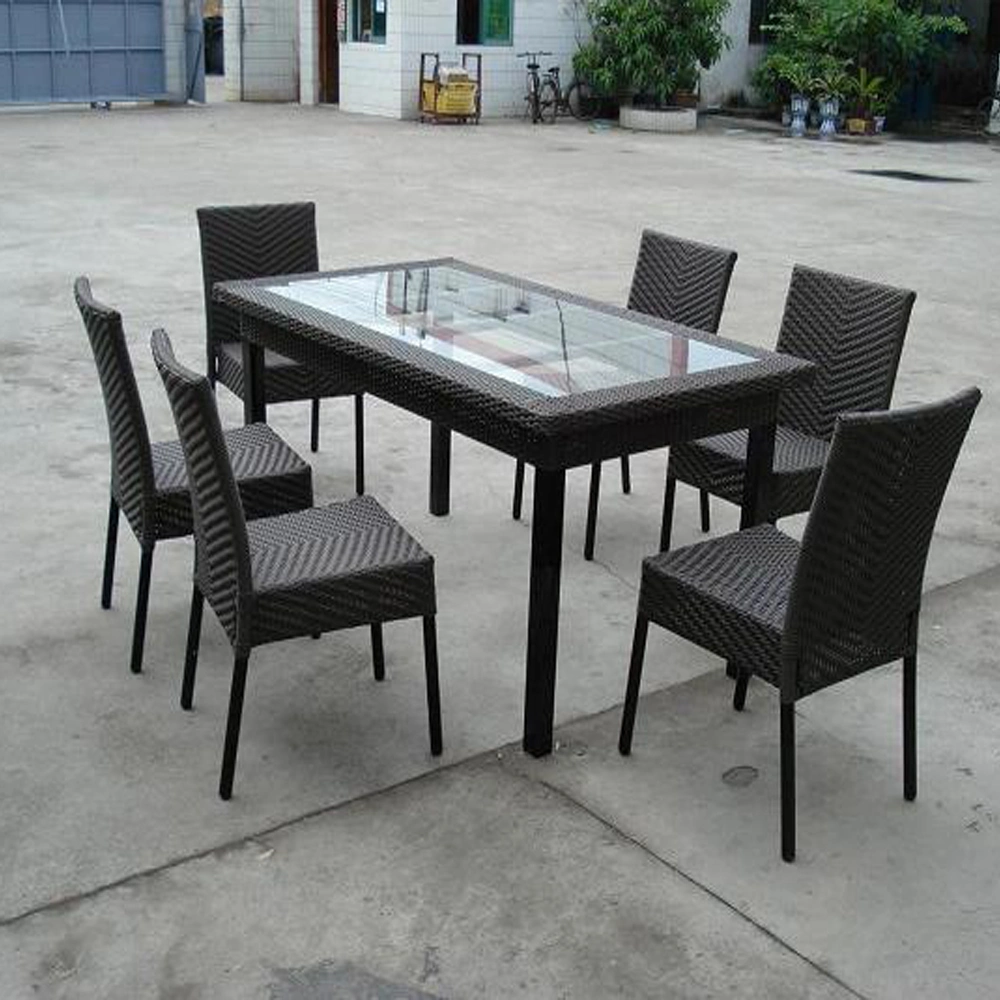 Brown Rattan Dining Set Teak Wood Top Restaurant Furniture