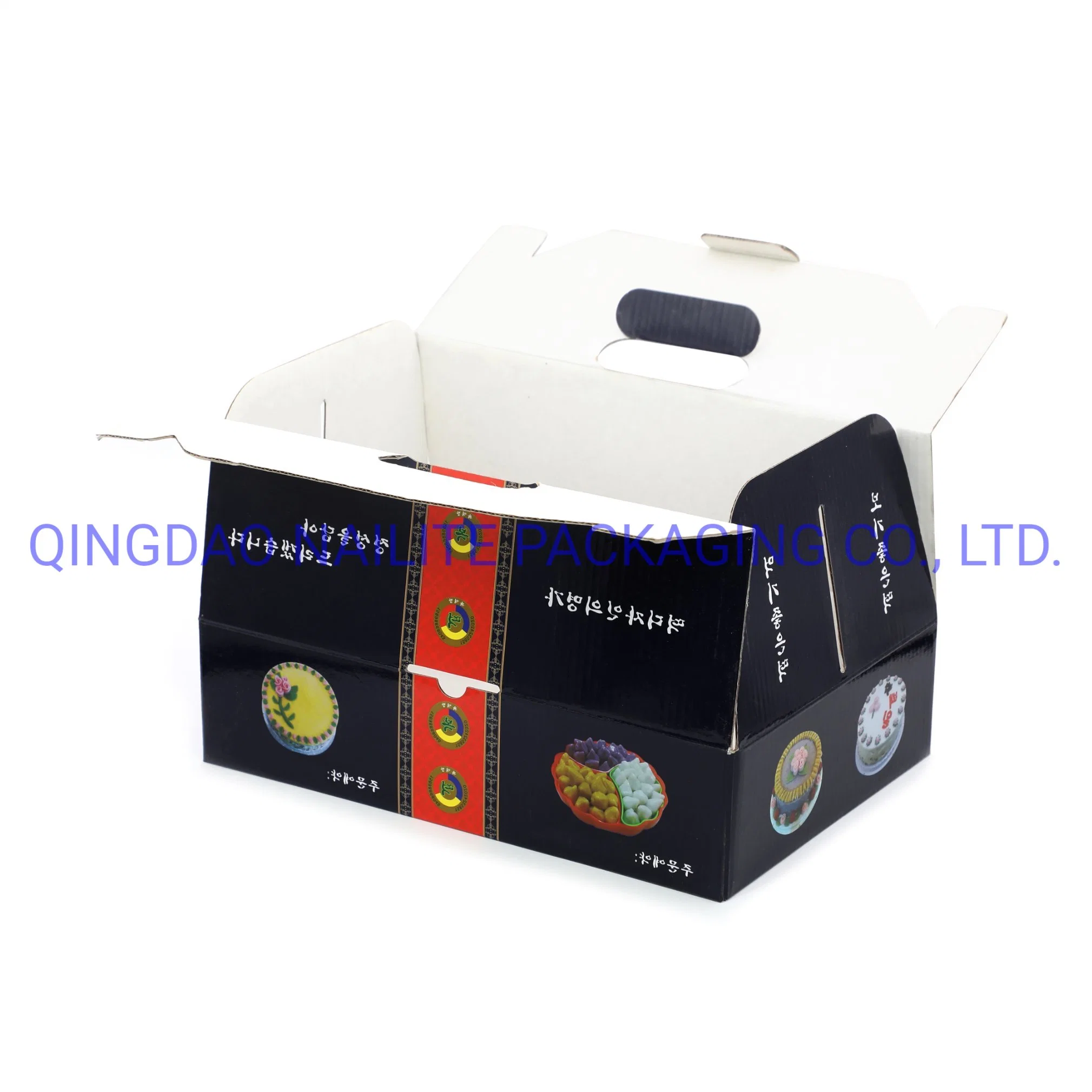 Customized Colorful Printed Laminating Corrugated Paper Box with Handle-White Cardboard Inside Korean Style for Cake/Fried Foods/Fruit/Candy