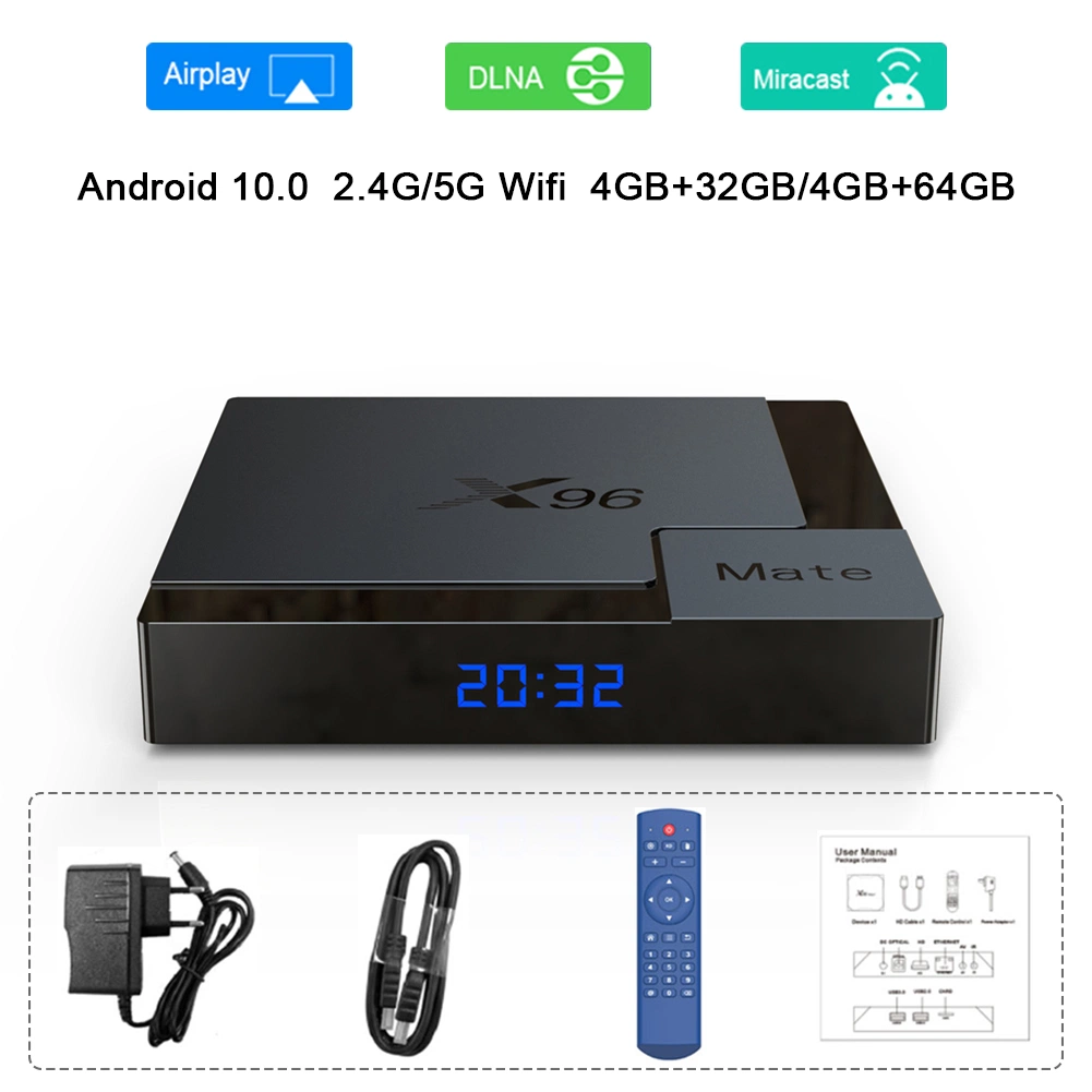 2020 Android 10.0 X96 Mate Smart TV Box H616 جهاز علوي رباعي النواة، ذاكرة RAM سعة 4 جيجابايت 32 جم/64G، 2.4G-5gwifi Bluetooth مشغل وسائط عالي الوضوح بدقة 5,0 4K