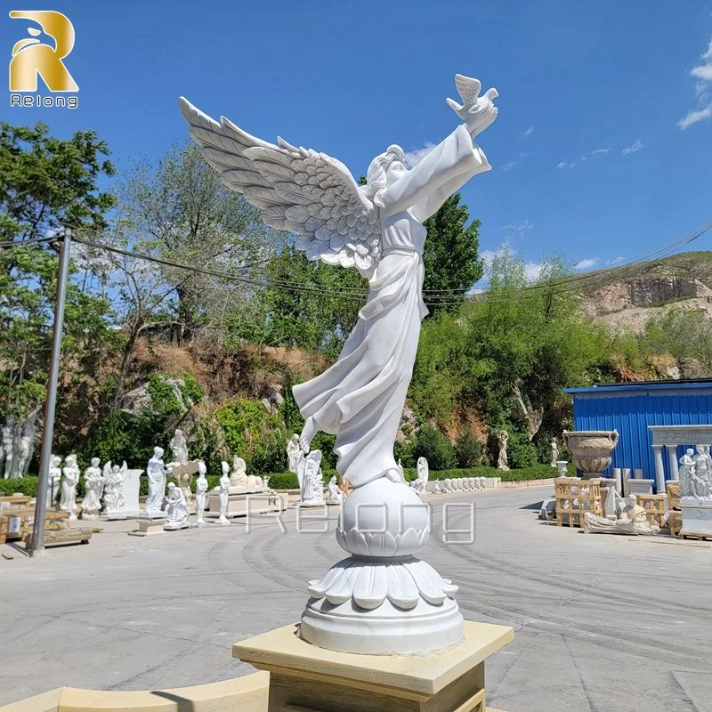 Life Size Pure White Marble Angel of Peace Holding Dove Statue