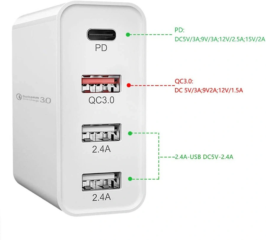 4 منافذ شاحن سريع QC 3.0 بقدرة 48 واط شاحن USB محمول شاحن USB Wall PD منفصل خاص بـ AU/UK/EU/US Plug Travel