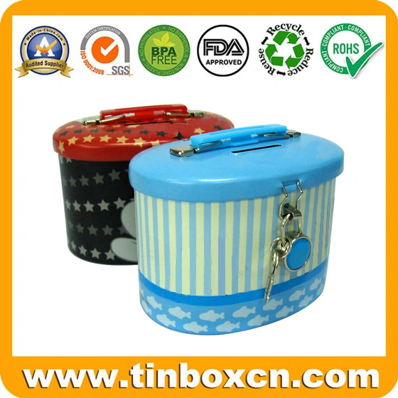 Round Tin Saving Box, Metal Coin Bank Money Box