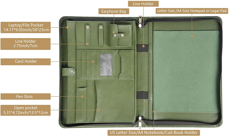 Customized Padfolio Crossbody Green Vegan Leather A4 Clipboard Portfolio