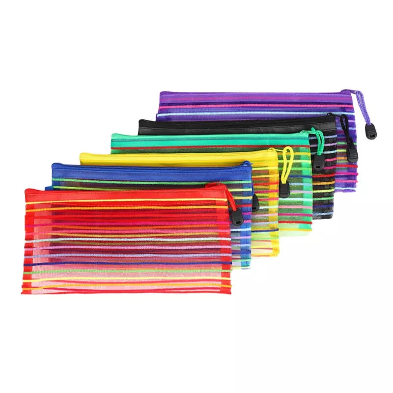 Rainbow couleurs sacs en plastique à mailles de crayon de tissu avec fermeture à glissière