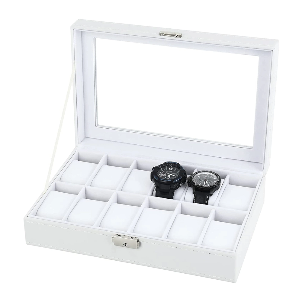 Glass Top PU Box 12-Slot Leather Watch Case Organizer Watches Holder for Men