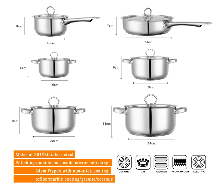 Batterie de cuisine ensemble de casseroles, 5 / 6 pièces avec couvercle en verre, cuisinière, casserole, acier inoxydable poli miroir