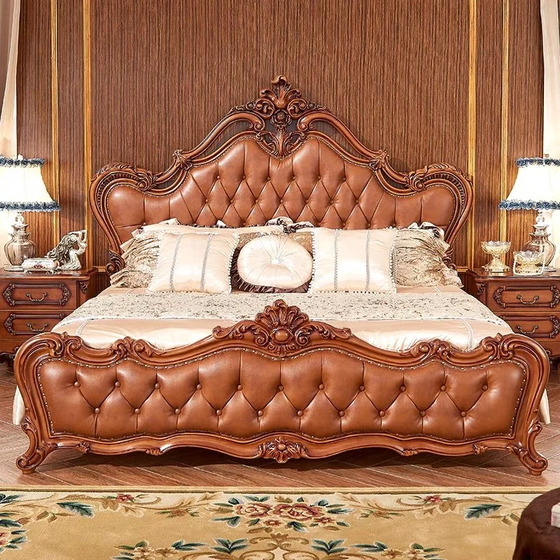 Headboard Wooden Loft Soft Bed Genuine Leather Bed Luxury Furniture Solid Wood Wall Bed